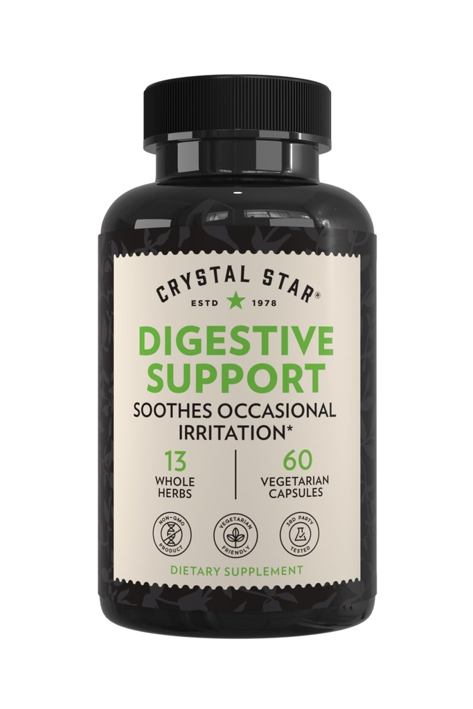 Crystal Star Digestive Supplement (60 kapsułek) - Herbal Gut Health Supplement, który pomaga w sporadycznych gazu i wzdęcia - Peppermint, Aloe Vera, Slippery Elm & Ginger - Non-GMO