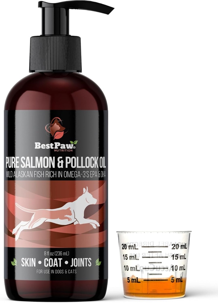 Pure Wild Alaskan Salmon & Pollock Oil for Dogs & Cats Skin and Coat - Fish Oil Liquid with Pump - Wspiera wspólne funkcje i zdrowie serca - Omega 3 Liquid Food Supplement - All Natural EPA + DHA - 8oz