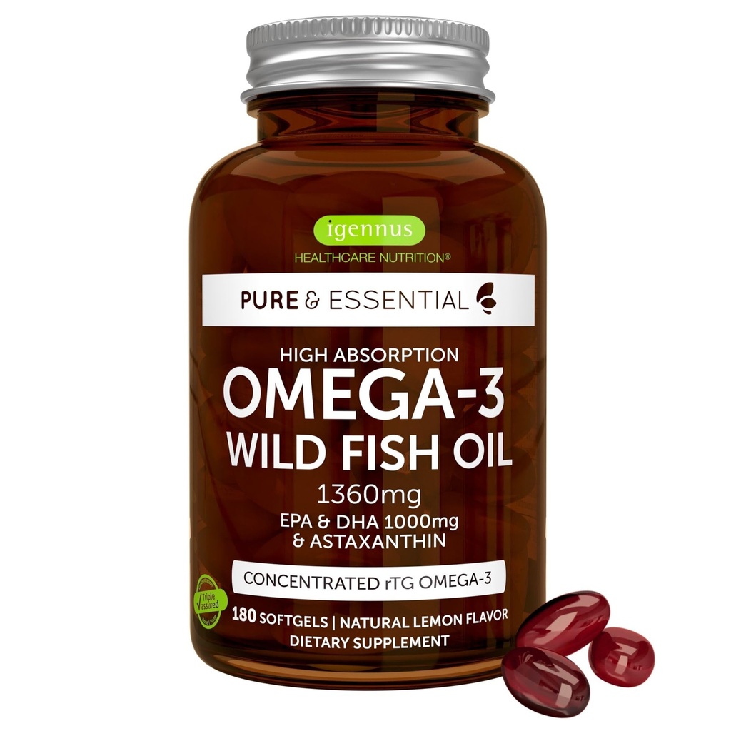 Igennus Ultra Pure Omega 3 Trigliceryd RTG Wild Fish Oil 1360mg, IFOS Certified, EPA DHA 1000mg Plus Astaksantyna, Non-GMO, dla mężczyzn i kobiet, 180 Softgels