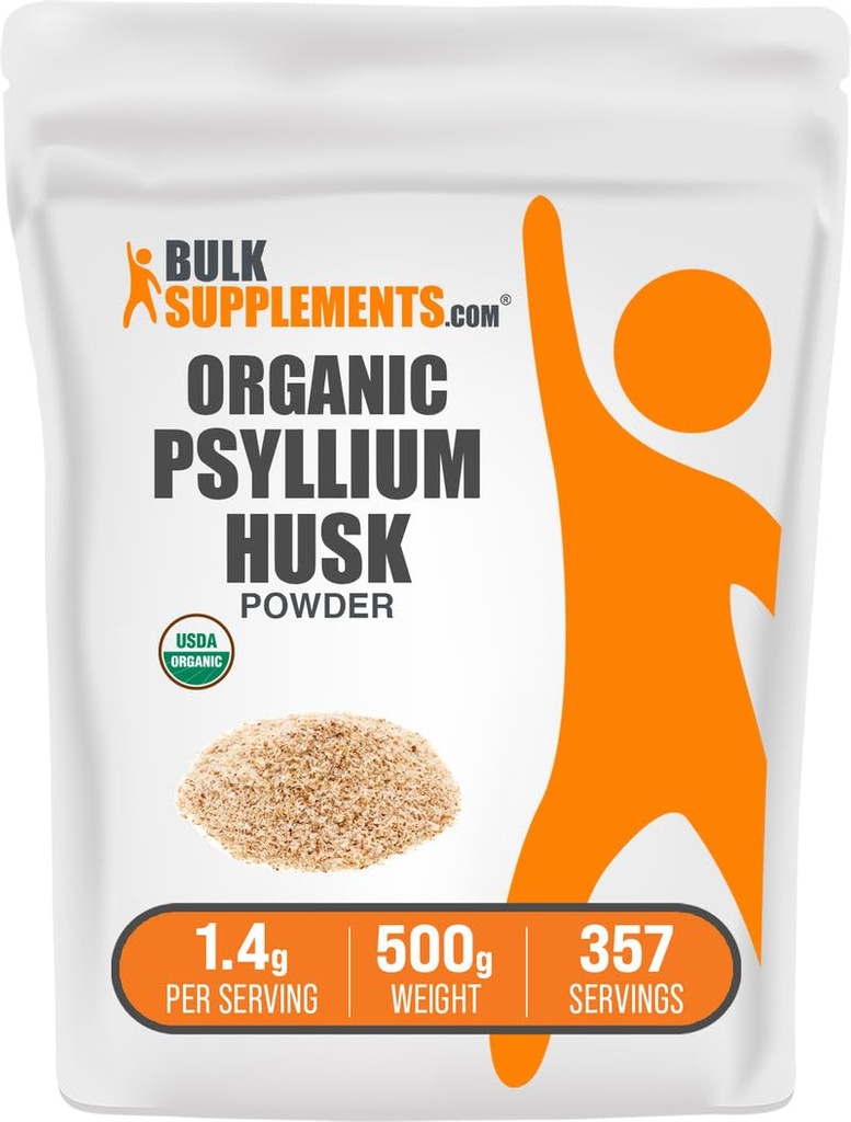 BulkSupplements.com Organic Pyllium Husk Powder - Pyllium Husk Powder for Baking, Fiber Supplement - Gluten Free, 1,4g per Serving, 500g (1,1 lbs) (Opakowanie po 1)