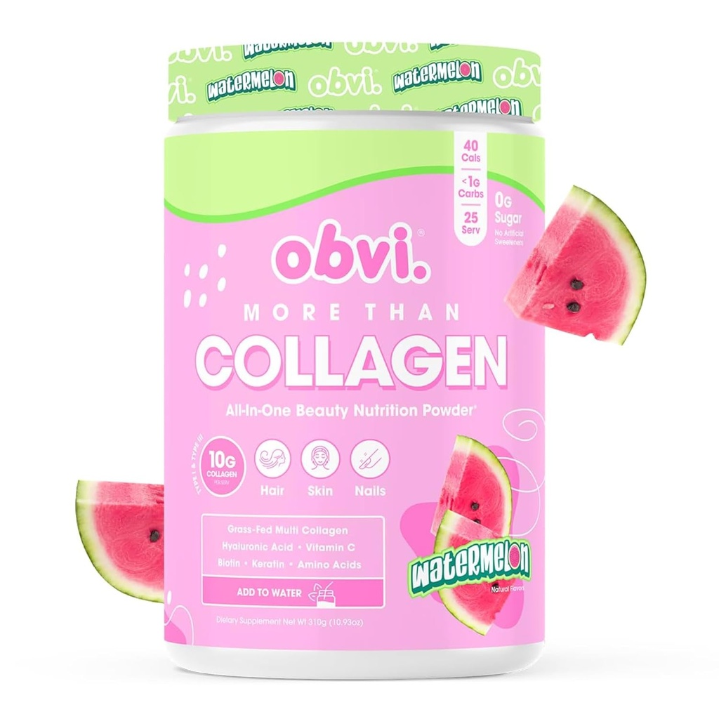 Obvi Więcej niż Collagen proszek Pył 124; Wspiera zdrowe włosy, Skóra, Nails, Łączniki, Gut 124; Grass- Fed Multi Kolagen Suplement z kwasem hialuronowym, Biotin, Keratyna 124; Arbuz, 25 Służenie
