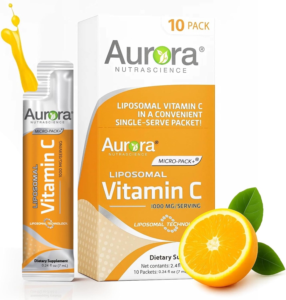 Aurora Nutrascience Micro- Pack Witamina Liposomalna C, Wsparcie immunologiczne, 1000 mg na Podawanie, Wegan, Gluten Free, Non-GMO, 10 Jednoporcjowe opakowania, Pomarańczowy