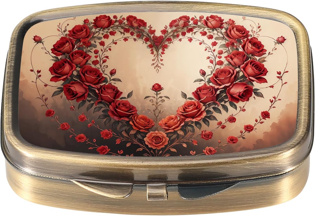 Dynippy Pill Case Pill Pudełko z lusterkiem Retro Pocket 2 Kompensation Medicine Case Vitamina Pill Organizer for Pocket Purse and Travel (wieniec Retro- Rose Heart)