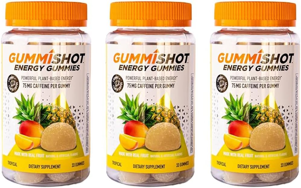 GummiShot Gummies energii, 2475 mg kofeiny na butelce na planta- oparte na plantacjach żucia, Long Lasting Energy Boosters, Tropical 33 Count (Pack of 3)
