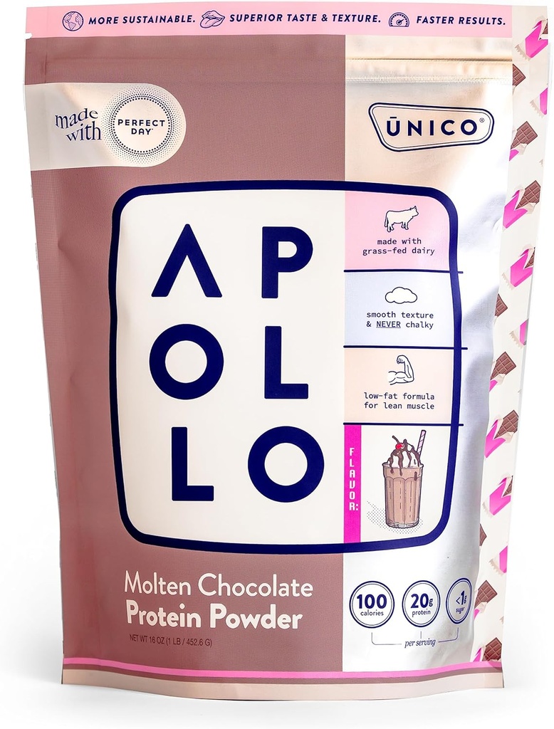 Unico Apollo Molten Chocolate Protein Powder - 20g 100% Grass-Fed Whey Protein, Egg Albumen and Casein | Non-Bloating | Low-Carb and Low-Fat | 16 Servings | Non-Chalky Texture | Best-Taste