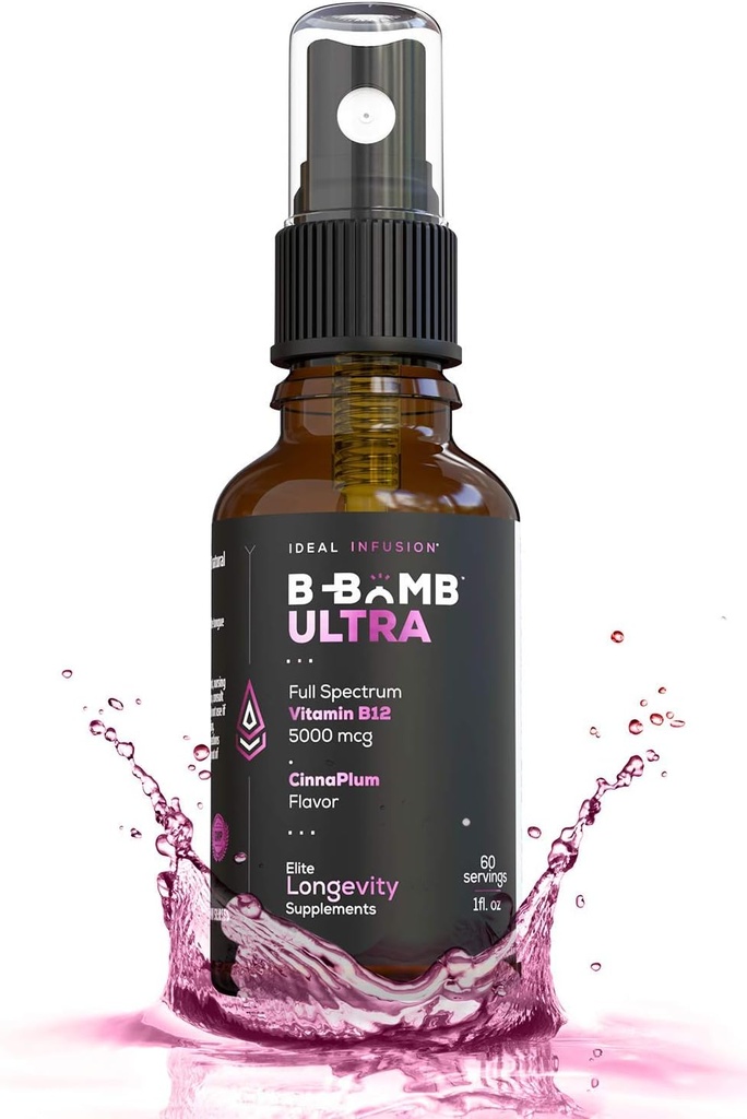 Idealny B- Bomba Infusion Triple B12 Witamina w płynie Spray: Metylokobalamina, Adenozylkobalamina, Hydroksokobalamina - Nerve Health and Energy Booster - 5000 µg, Keto, Cukier wolny (Organic CinnaPlum)