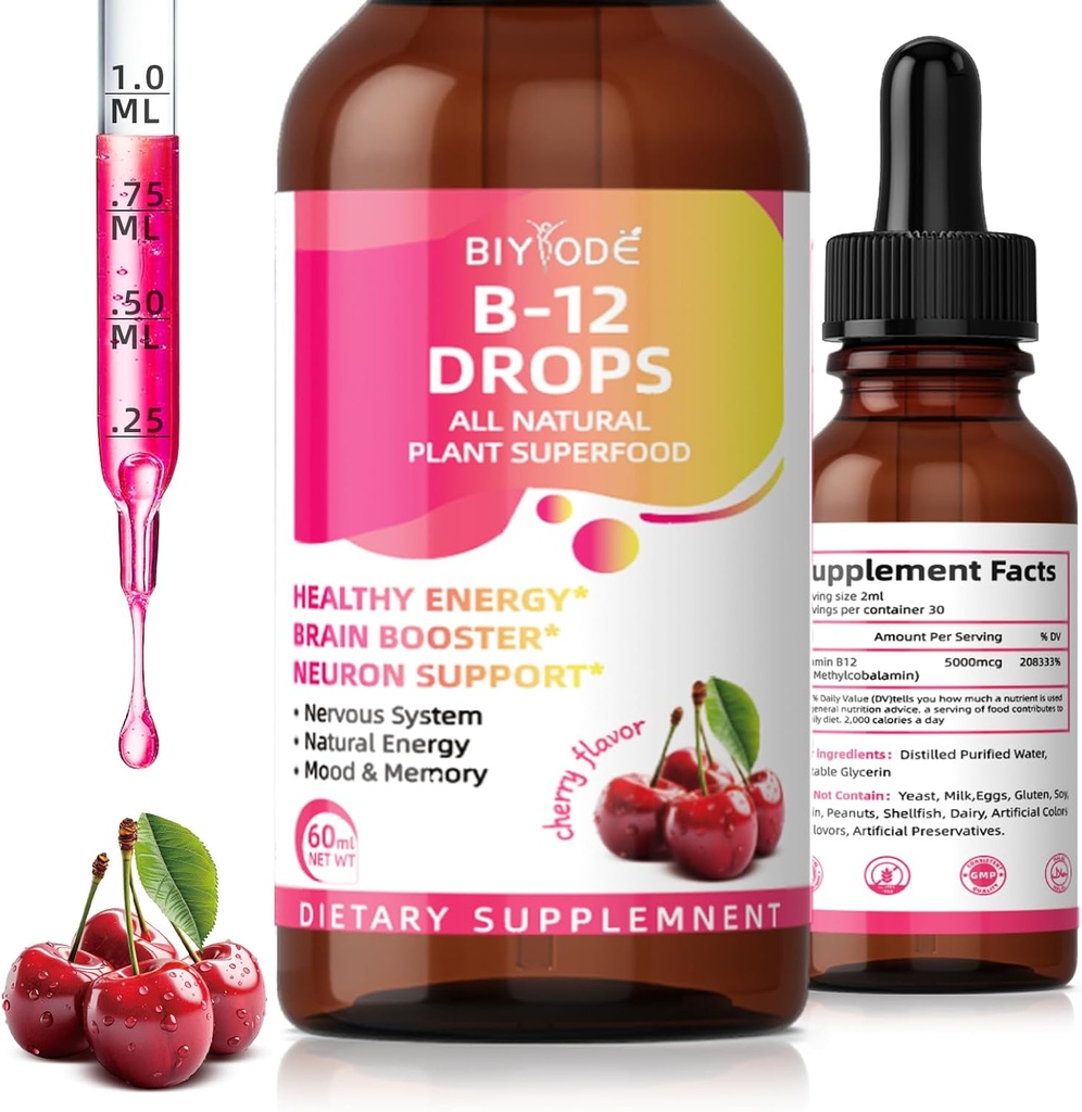 Witamina B12 5000 mcg płynna krople Wszystkie rośliny Superfood Zdrowa energia Mózg Booster Neuron Wsparcie układu nerwowego Natural Energy Mood Pamięć 60ml Net Wt Cherry Flavor