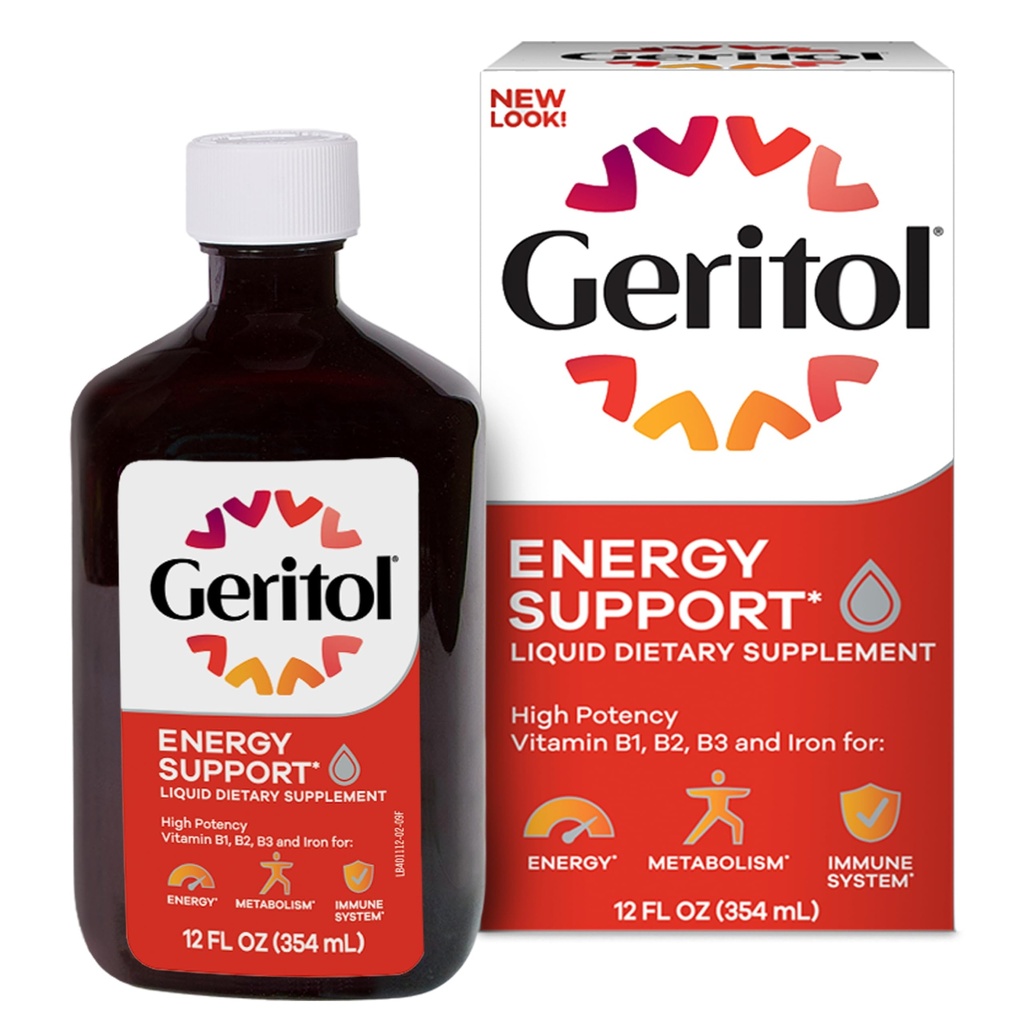 Geritol, Płynna witamina i suplement żelaza, Wsparcie energetyczne, Zawiera wysokiej mocy witaminy B- i żelaza, Przyjemne Degustacja, Łatwy do połykania, Brak sztucznych słodzików, Non-GMO, 12 Oz