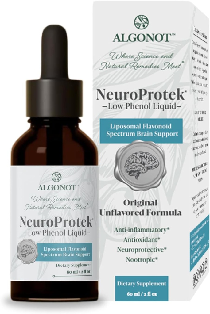 NeuroProtek Niski Fenol Płyn - Niełuskany - 60 porcji, Jedyna postać płynna luteoliny do szybkiego wchłaniania. Wyłącznie opatentowana kombinacja Luteolin i innych Flavonoidów w oliwnym oleju Pomace