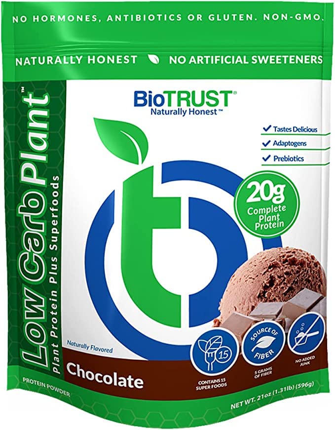 BioTrust Low Carb Plant, Pyszne, Kremowe, 20 Gramy Czyste, Kompletne, Białko oparte na plantacji, 5 Grams Fiber, 15 Superfoods, Enzymy trawienne, Wegan, Darmowy - 14 Słupki (Czekolada)