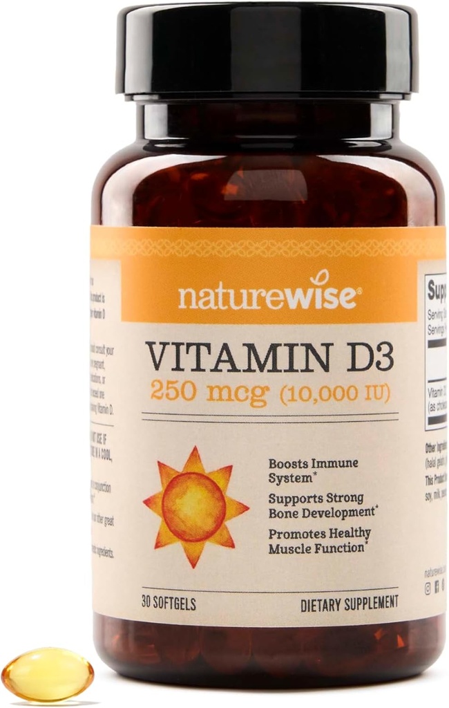 NatureWise Witamina D3 10 000 IU (250 mcg) 30- Day Supply - Wysoka moc dla zdrowego wsparcia immunologicznego i funkcji mięśni, Non-GMO, Gluten- Free w Organic Extra Virgin Olive Oil, (Mini Softgel), 30 Hrabia