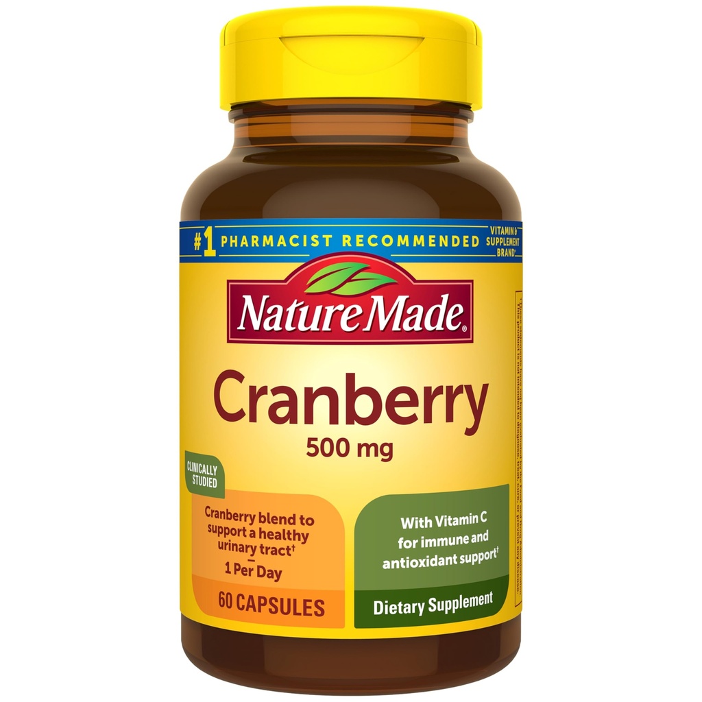 Natural Made Cranberry Supplement 500mg z witaminą C do immunologicznego i przeciwutleniającego wsparcia, Mieszanka żurawinowa do moczu Tract Health, jeden dzień, 60 Kapsułki