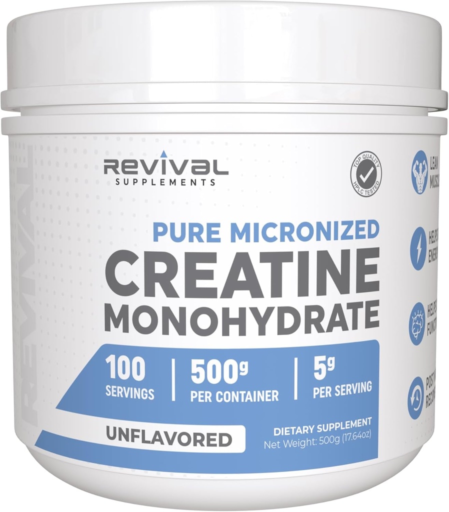 Revival Premium Mikronizowany Monowodny Kreator - HPLC Tested 100% Czysty stopień - 500g (100 Sług) - Wspiera Lean Muscle Growth - Maksymalna Absorpcja - Unflavored - Made in USA & 3. Party Lab Tested