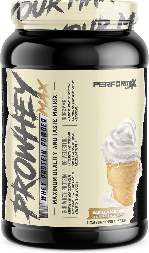 ProWhey Max Proszek białka serwatki 124; Maksymalna jakość i smak 124; 24 g białka z dodatkiem enzymów trawiennych 124; Pyszne aromaty (Vanilla lody, 2 funty)
