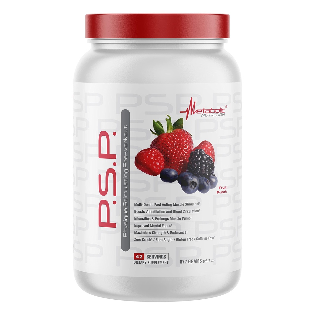 Metaboliczne odżywianie P.S.P. Physique Stymulowanie PreWorkout 672g Zero cukru Kofeina wolna (owocowy Punch)