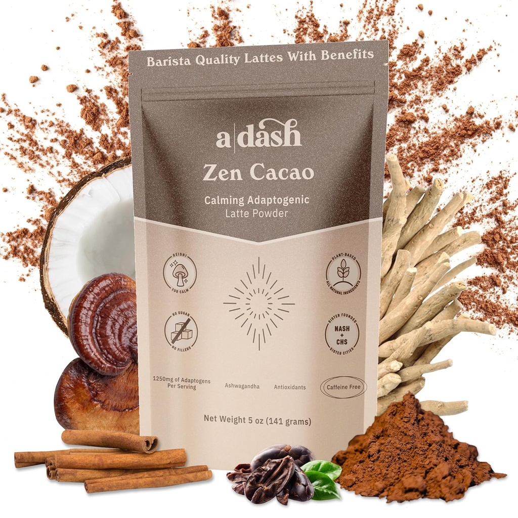 Dash Zen Cacao Latte, Chocolate Mushroom Coffee Alternative Made with Adaptogens, Ashwagandha, & Cinnamon Root Extract, Mushroom Hot Coco bez kofeiny (20 Sług)