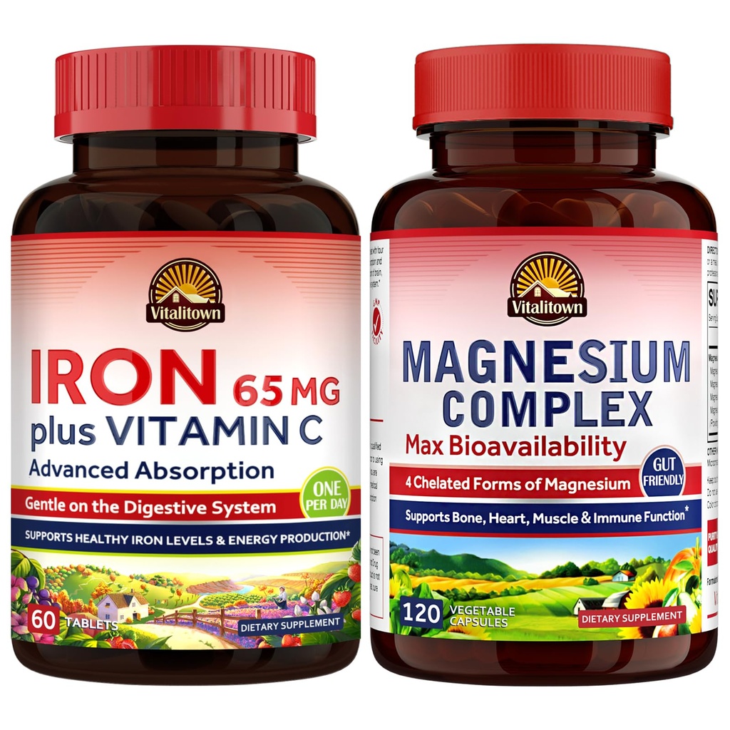 Vitalitown Magnezu Complex Supplement 500mg & 65mg Żelaza Suplement dla Kobiet Mężczyźni, do snu, Mięśnie, Budowa krwi i Poprawy Energii