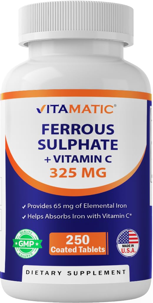 Vitamatic Ferrous Sulfate 325 mg with Vitamin C 100 mg (65 mg Elemental Iron) – High Potency Iron Supplement – No Artificial Colors – 250 Coated Tablets, Made in USA