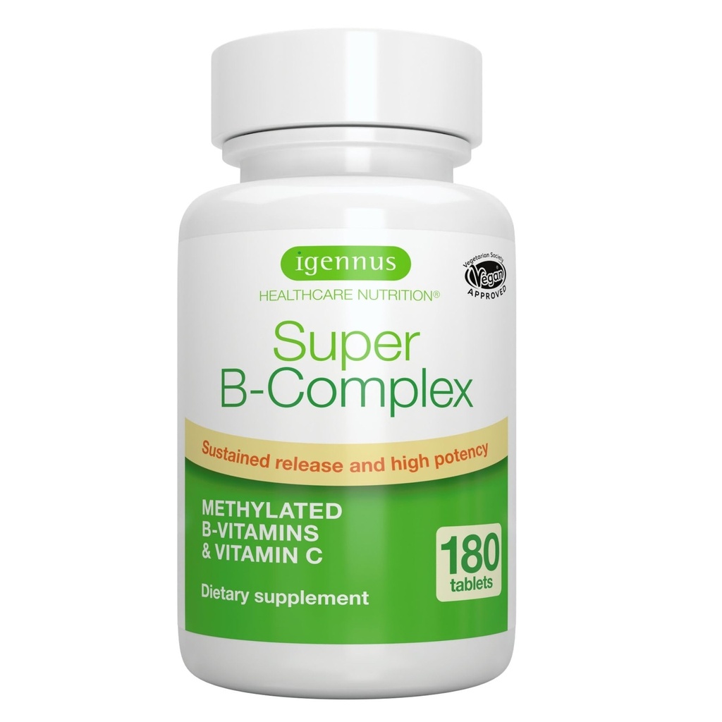 Igennus Super B- Complex Methylled B Witaminy - Trwałe uwalnianie, Czysty etykieta i Wysoka Absorpcja, z 5-MTHF Folate & Metyl B12, Energia, Mood & Cognitive Performance, Laboratorium zweryfikowane, 180 Małe tabletki