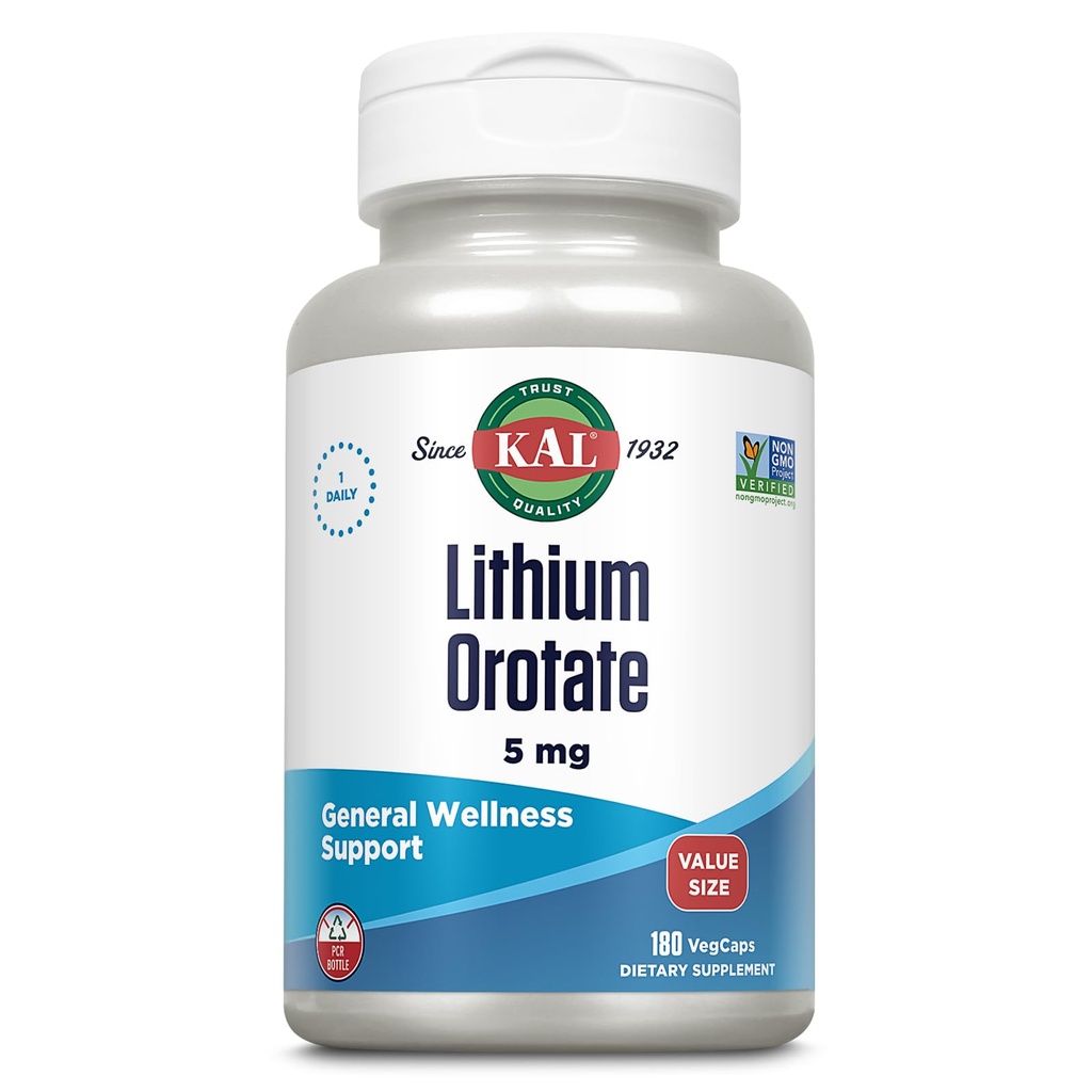 KAL Lit Orot 5 mg, Niska dawka Lit Suplement do ogólnego wsparcia nastrojów Wellness, Wysoko Biodostępny, Wegan, 60- Day Guarantee, 180 Służenie, 180 VegCaps