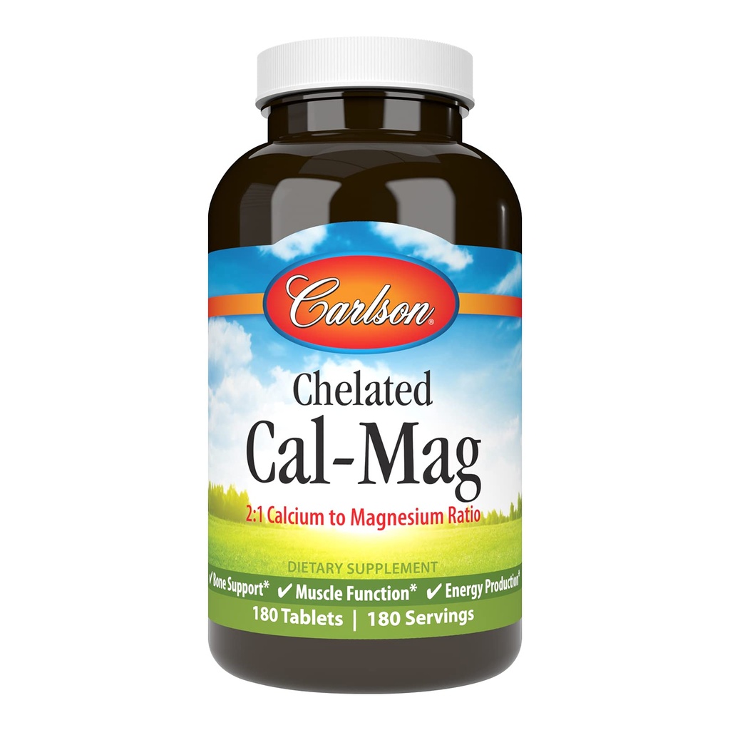 Carlson - Chelated Cal- Mag, 2: 1 Wapń do Magnezu Stosunek, Wsparcie kości, Funkcje mięśni & Produkcja energii, 180 Tabletki