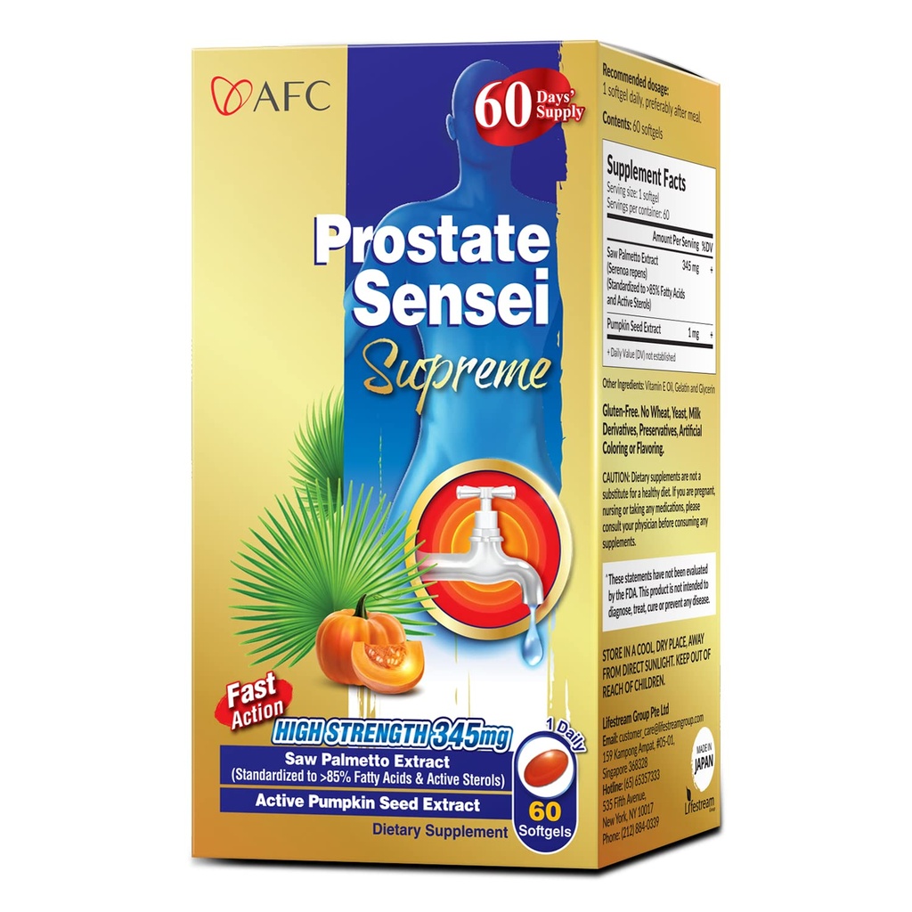 AFC Japan Prostate Sensei Supreme - Saw Palmetto Supplement for Men with Fatty Acids & Sterols - Wspiera przepływ moczu, Funkcja pęcherza, Zdrowie włosów - Natural Prostate Support Formuła, 2 Miesiąc Dostawy