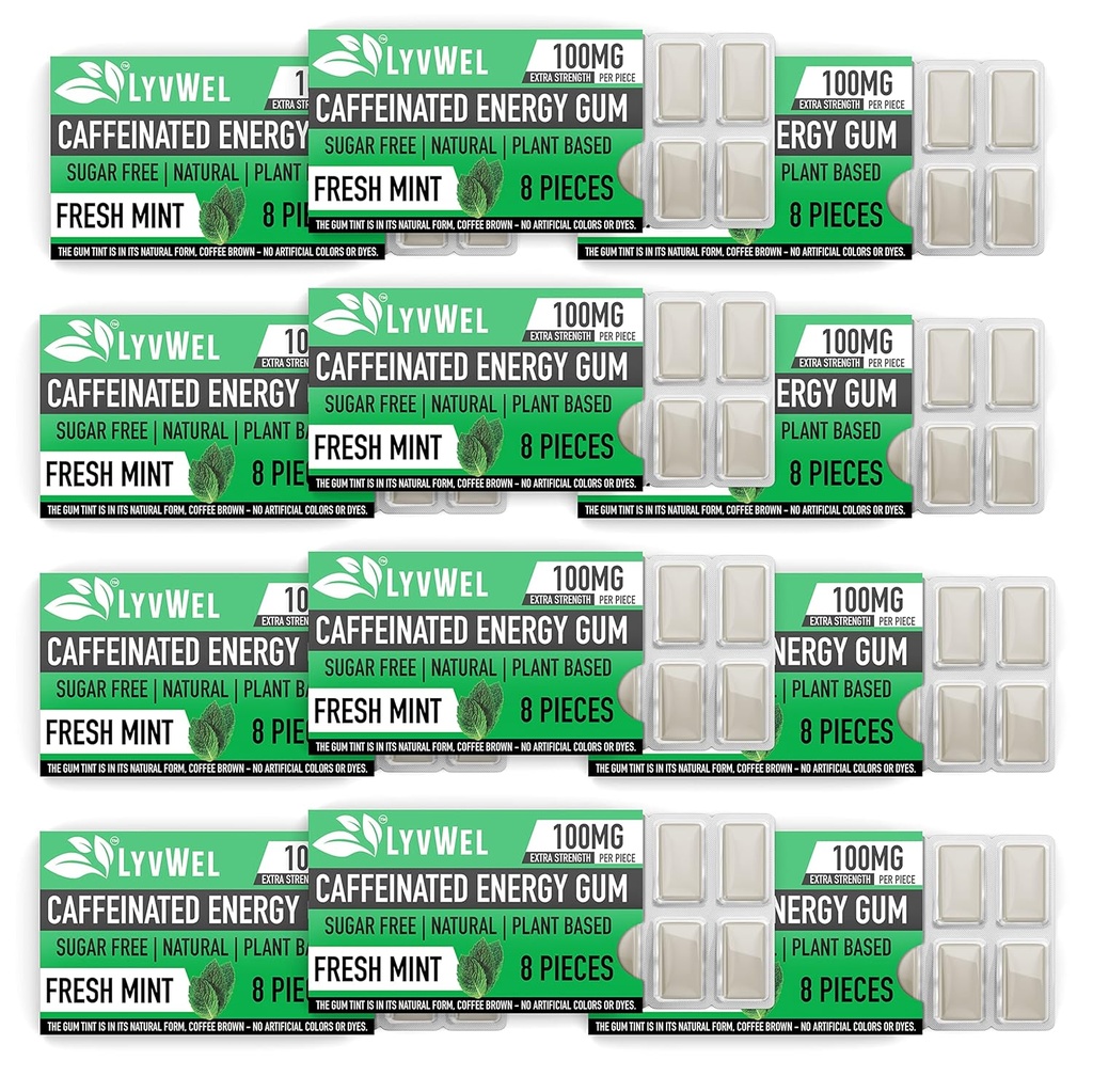 LyvWel Energy Gum 124; 100 mg kofeiny na klejnot 124; All Natural Golden 124; Sugar-Free Pre- Workout Boost: Twój niezbędny suplement energetyczny, aby pozostać na wake- Karton 12 pack (Mint- 12 pack)