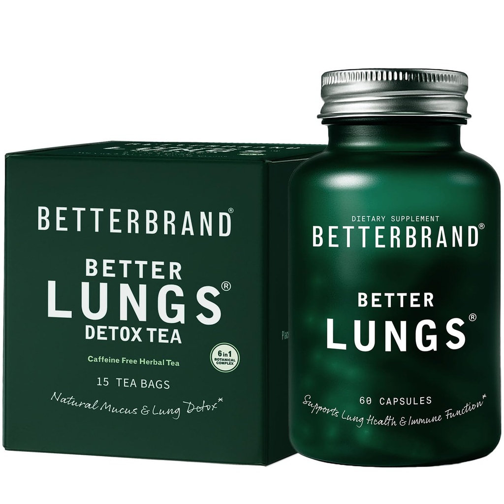 Betterbrand Better Lungs Health Pack - BetterLungs & BetterLungs Detox Tea Bundle - Codzienne Reporatory Health Supplement - 15X Herbal Tea Bags + 60 Kapsułki
