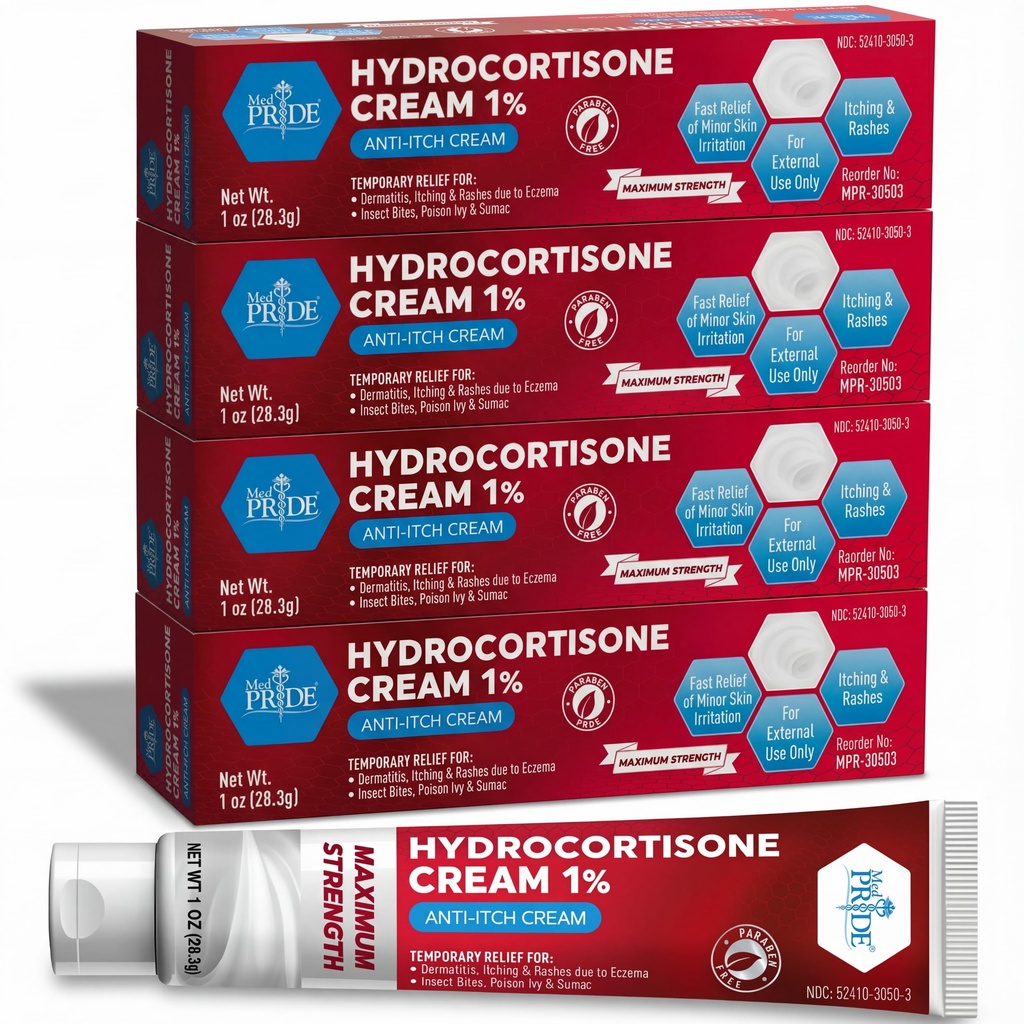 MED Pride Hydro Cortisone (Hydrocortisone) Cream 1% OTC Opakowanie luzem 4 X 1 Oz Anti-Itch Maintment for Rash, Eczema, Bug Bites