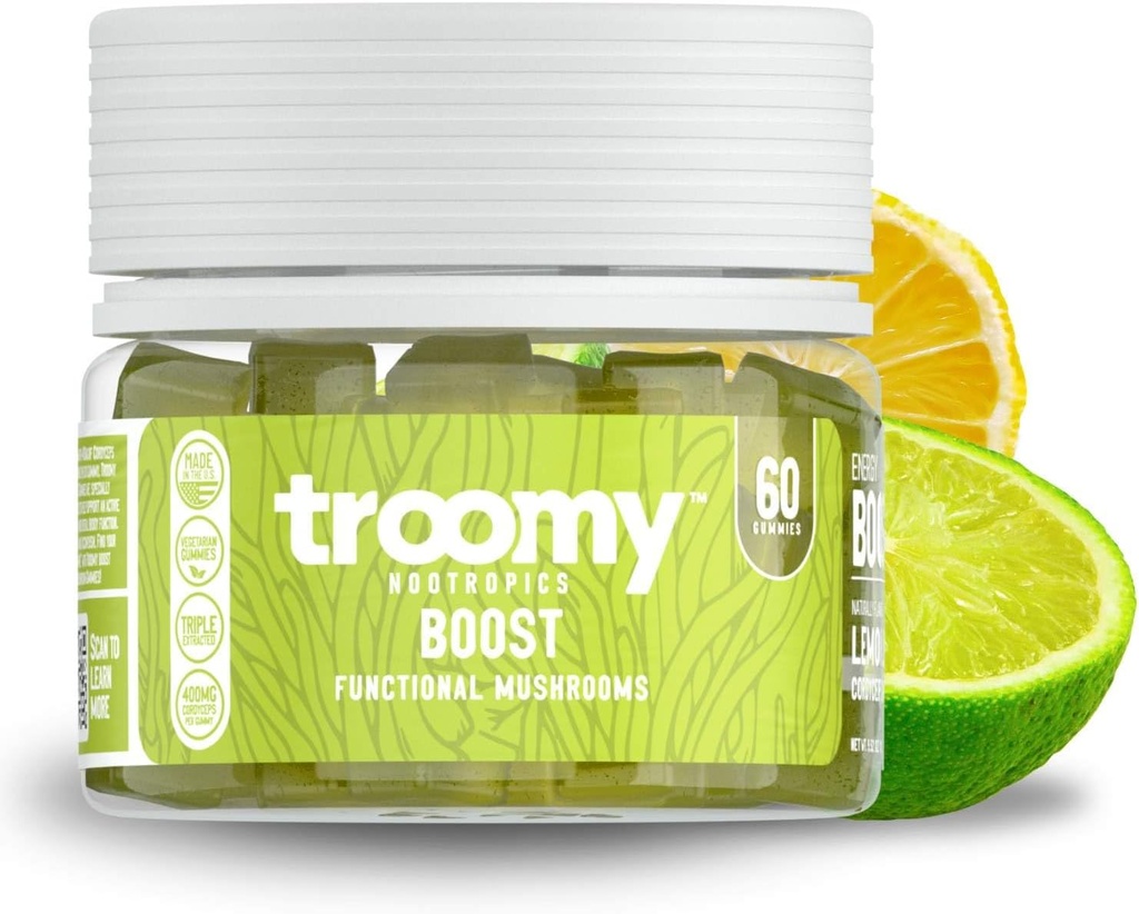 Troomy Boost Cordyceps All Natural Gushroom Gummies - Wspiera aktywny styl życia i Hyper Focus - Lemon Lime - 60 Count