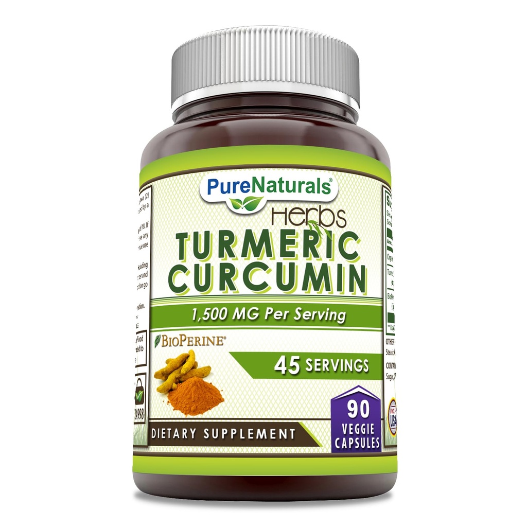 Pure Naturals Turmeric Curcumin with Bioperine 2250 mg Per Serving Supplement Equipment 124; Veggie Capsules Equipment 124; Non-GMO Equipment 124; gluten Free Equipment 124; Made in USA (1 Pack, 90 Count)