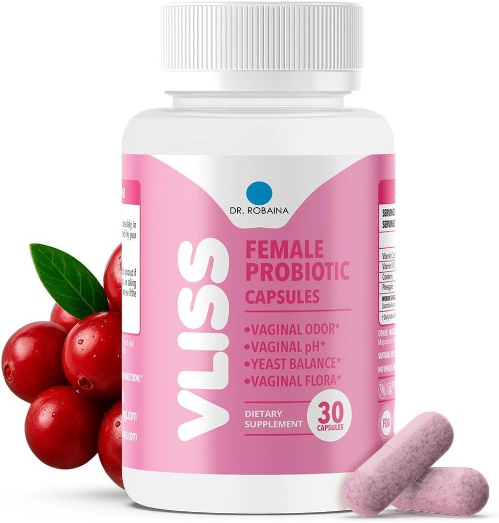 Dr Robaina Women 's Daily Vaginal Probiotic + Cranberry & Ananas, 5 B CFU Lactobacillus (rhamnosus, reuteri, gasseri, crispatus), pH Balance & Odor Control, Witamina C & B- 12, 30 Kapsułki wegańskie