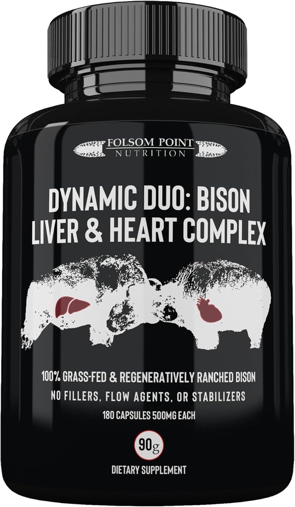 Dynamiczny Duo: 100% Grass- Fed Bison Liver & Heart Complex 124; Suszony Bison Liver and Heart Pill Supplement (pojedyncza butelka) 124; Made in USA