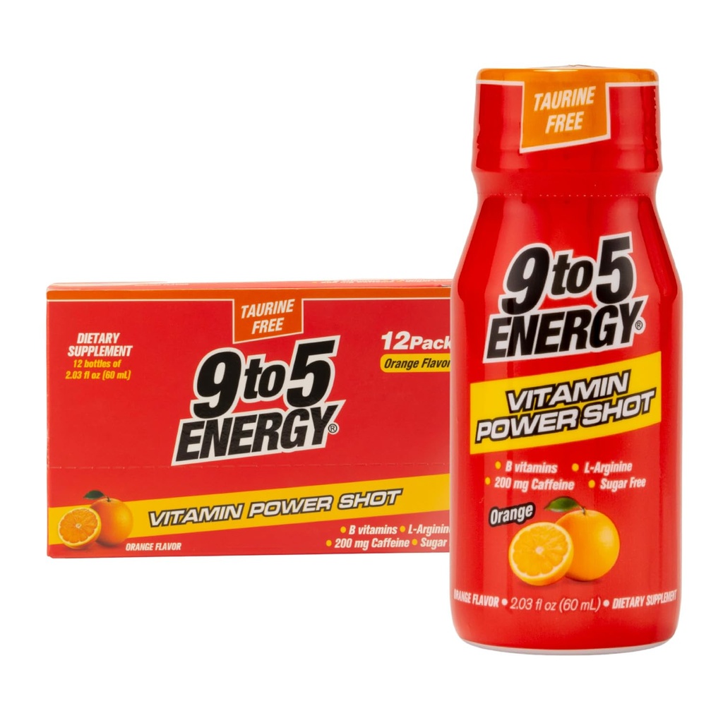 Witamina Power Shot - Pomarańczowy Flavor, Taurine- Free, Sugar- Free, 12 Pack (2.03 fl oz Each) - Boost Energy, Focus, i Witality z witamin B i L- Arginina