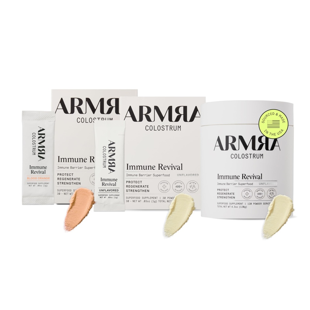 ARMRA Colostrum ™ Premium proszek, pasza trawiasta, Gut Health Bloating Odporność Skóra i włosy, Zawiera 400 + Bioaktywne składniki odżywcze, Keto, Gluten & Fat Free (Pomarańcza krwi, Unflavored Bundle Between 124; 180 Służenie)
