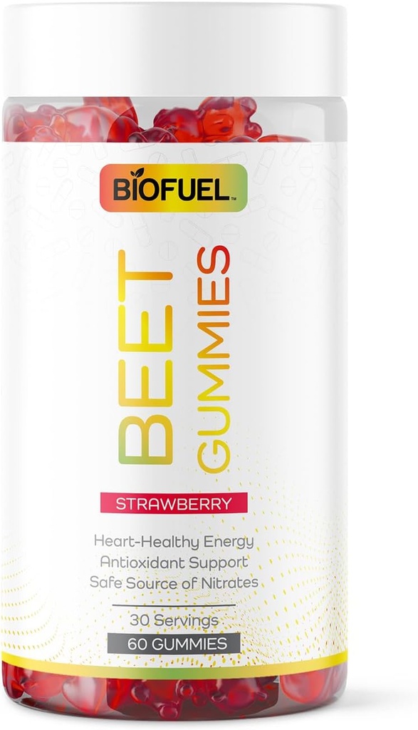 Biofuel Beet Gummies - Heart Healthy Energy & Wsparcie przeciwutleniacze, Bezpieczne źródło azotanów, 60 Count, 2 Gummies per serving