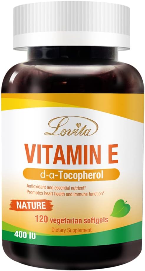 Lovita Witamina E 400 IU Softgels, Naturalna Witamina E 268 mg (jako D Alpha Tocoferol), Wegańska Witamina E dla zdrowej skóry, Włosy, Nails & Immune System Support, 120 Wegetariańskie Softgels