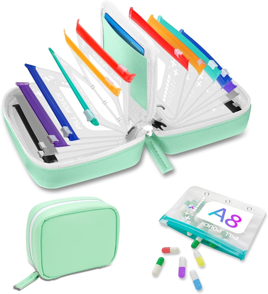 A8 Wodoodporny zestaw organizatorów piłek, Twice- Daily Big Pill Organizator na siedem dni, Pill Storage z 14 Kolorowo kodowane Pouches, wielokrotnego użytku Travel Medicine Organizator