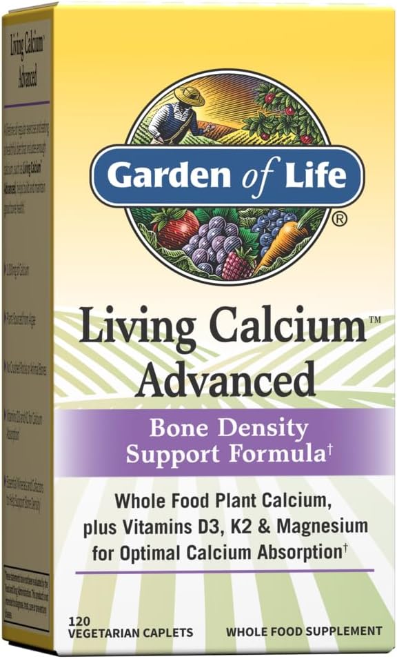 Garden of Life Living Calcium Advanced Bone Density Support Formula, 1,000mg Whole Food Plant Calcium Plus Vitamins D3, K1 and Magnesium for Absorption, 120 Vegetarian Caplets