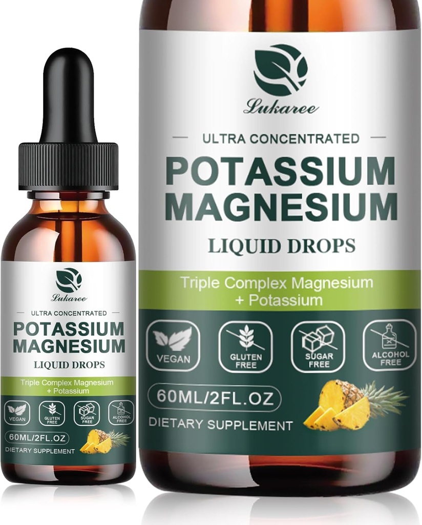 Suplement potasu Magnezu Ciecz w / Triple Complex Magnezu Glicynian & Potas Plus Omega 3, Mech morski, Czarny Seed, D3K2 & Wapń dla Zzz, Kurcze nóg i Muscle- 4 FL OZ Drop