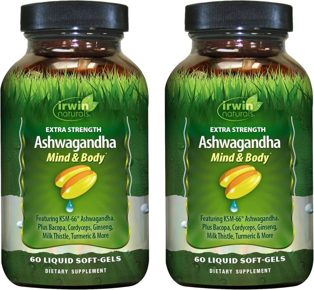 Irwin Naturals Extra Siła Ashwagandha - 60 Płynne żele soft- Pomaga zwiększyć wydajność fizyczną i psychiczną - z Tumeric & Milk Thistle - 60 Służenie