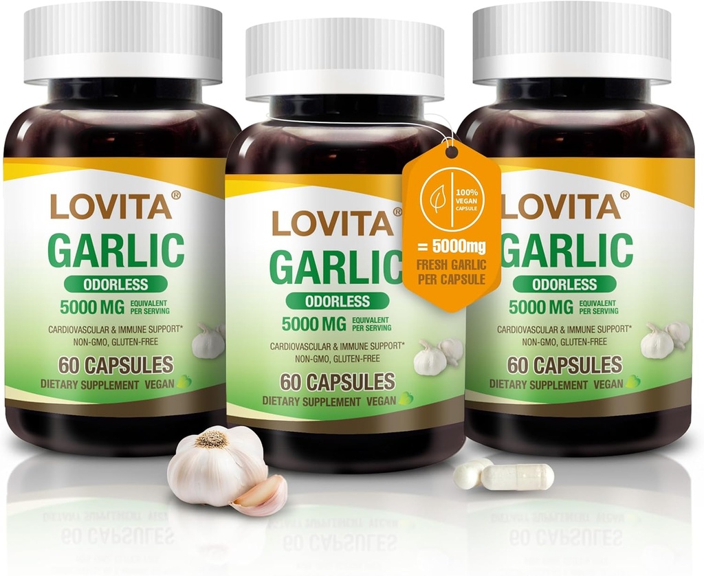 Kapsułki czosnkowe Lovita Odorless, ekwiwalent 500 mg świeżego czosnku, 1,25% ekstrakt z allicyny, Wspomaga serce, ciśnienie krwi, Cholesterol i system immunologiczny, Non-GMO, Gluten- Free, 180 Kapsułki wegetariańskie
