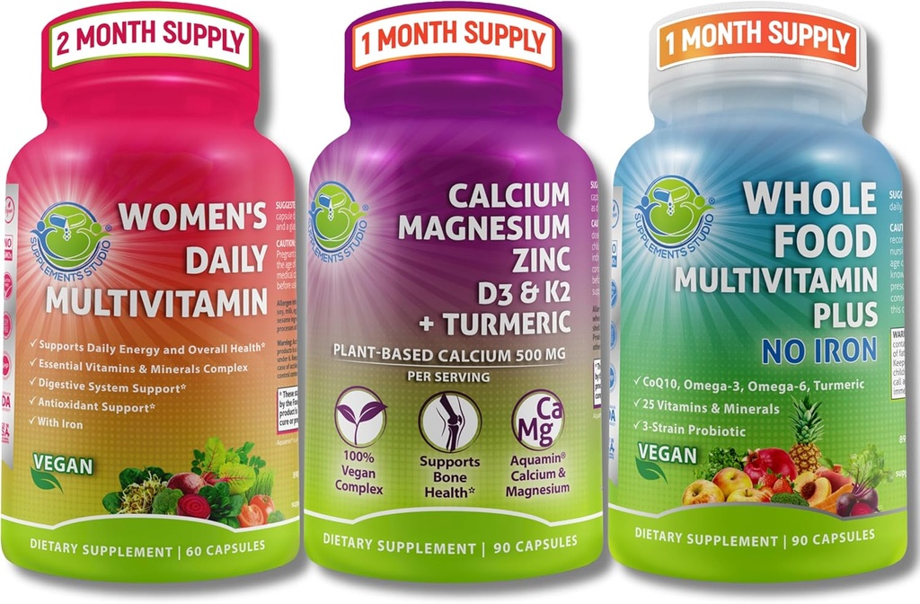 Wegański Multivitamin & Wapnia Trio - Całość żywności Multivitamina z żelaza + Kobiety Codzienne Multivitamina z żelaza + Plant Based Wapń, Magnez, Cynk, D3, K2 & Turmeric - Energia, Kości i Wsparcie immunologiczne