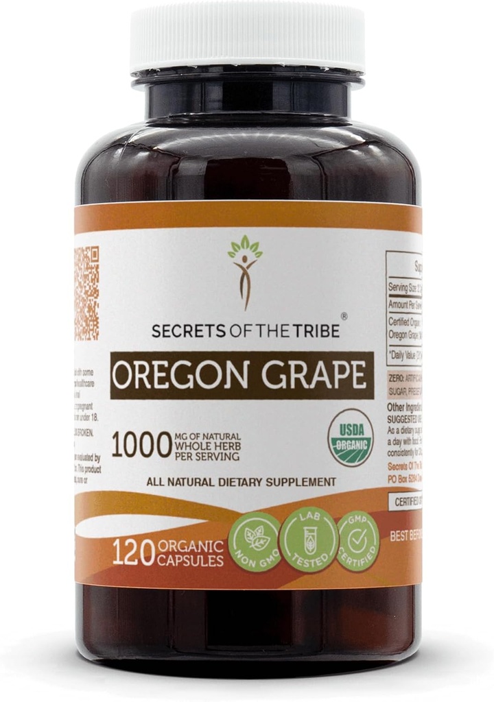 Tajemnice Tribe Oregon Grape USDA Kapsułki organiczne 124; Certified Organic Vegetarian Kapsułki, Herbal Dietary Supplement Supplement 124; Mahonia aquifolium Suszony Root (120 Count)