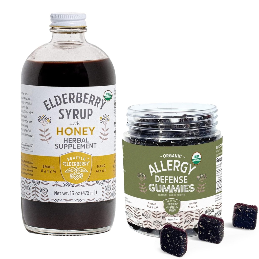 Herbal Supplement Syrop & Gummies Bundle - 16oz Butelka Syrop Elderberry z miodem i 7oz Oryginalne Gummeje Elderberry Made from Only Organic Ingredients in The USA