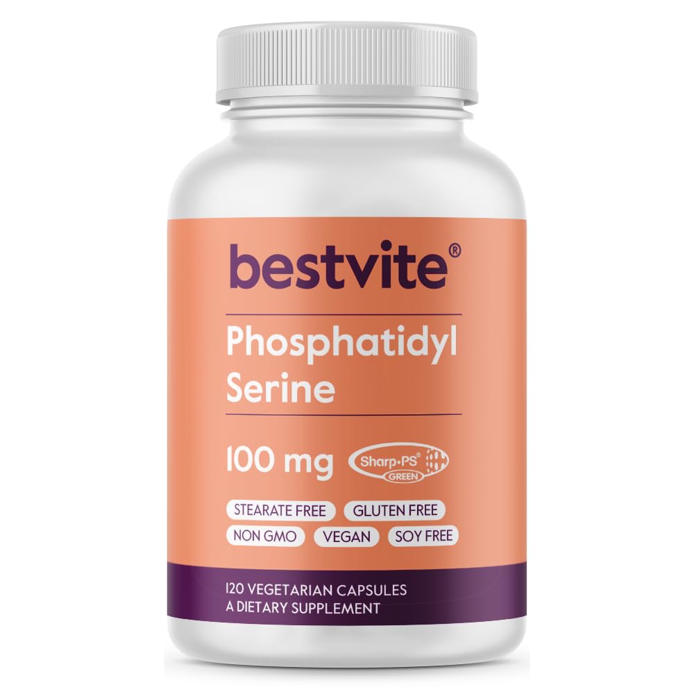 BESTVITE Fosfatydyloseryna 100mg na kapsułkę (120 kapsułki wegetariańskie) z Sharp- PS ® Green - Opatentowany i klinicznie testowany - Stearynian wolny - Soi wolny - Gluten wolny - Wegan - Nie GMO