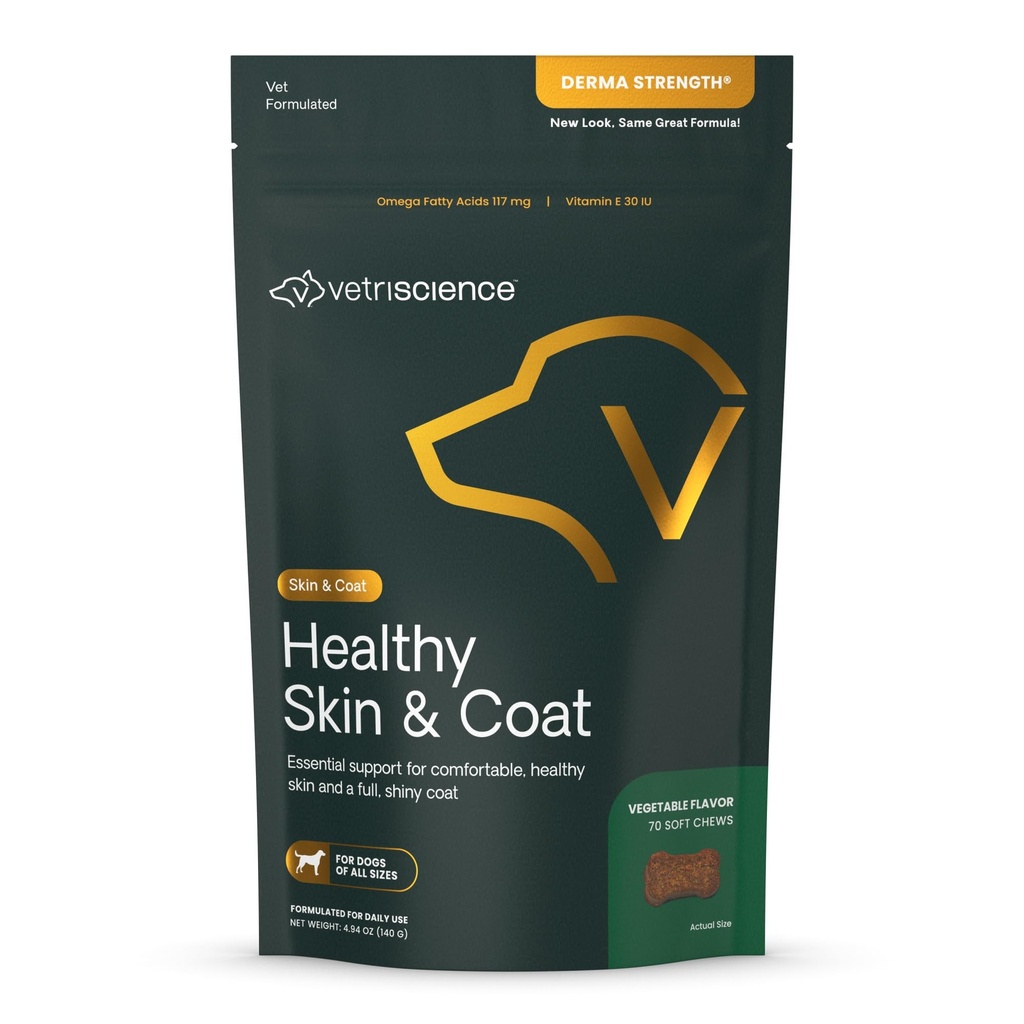 VetriScience Zdrowa skóra & Coat Chews, Derma Siła Omega- Salmon Suplement oleju dla psów, Omega Skóra i Coat Chews, Zdrowie skóry, Wzrost Coat, Olej rybny i witamina E, Veggie, 70 Count