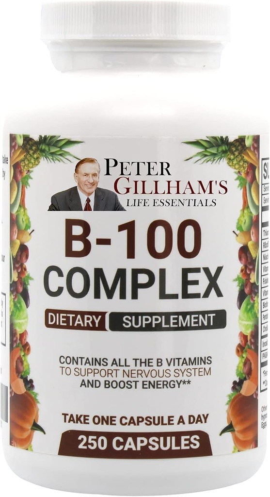 Zbalansowany kompleks witaminy B 100mg 250 Kapsułek, Energy and Metabolic Support. Zawiera wszystkie witaminy B Peter Gillham 's Life Essentials,