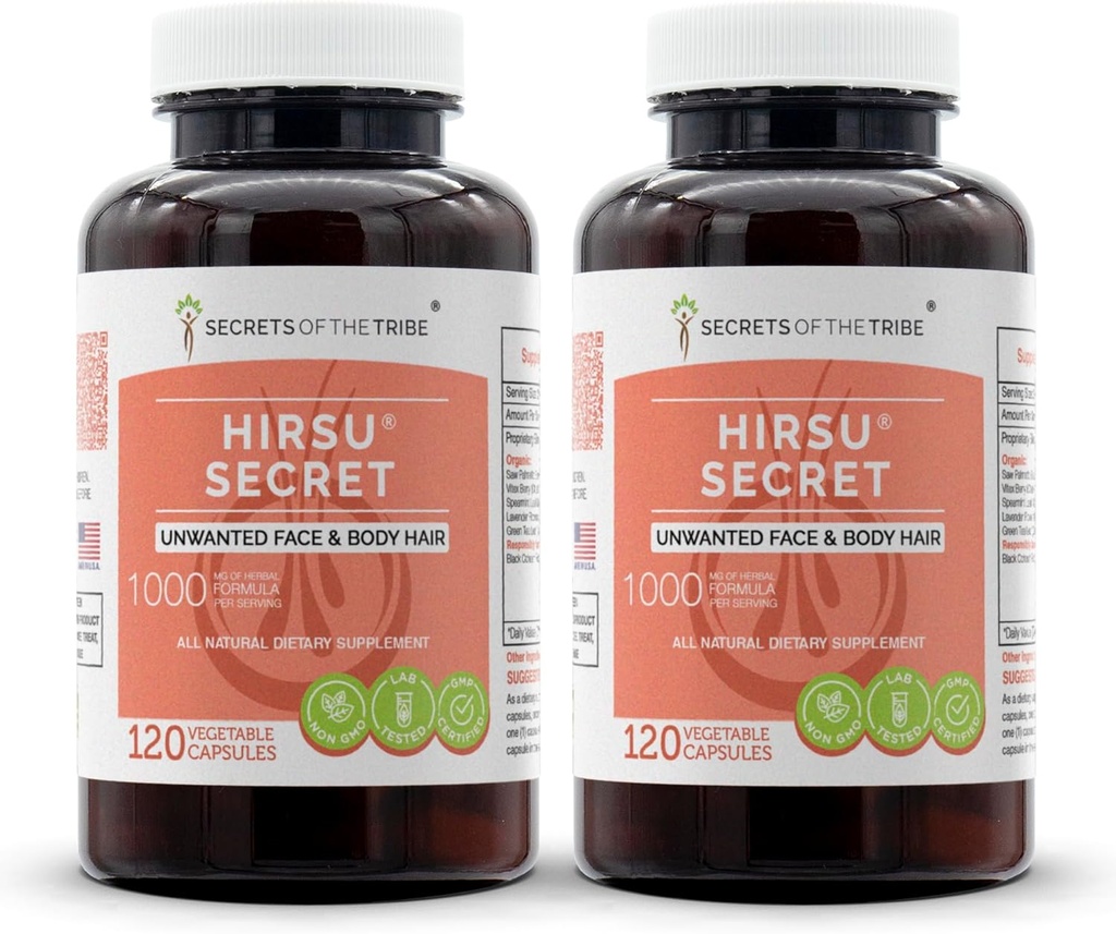 Hirsu Secret 120 Kapsułki (2 szt.), 1000 mg, Saw Palmetto, Black Cohosh, Vitex, Spearmint, Lavender, Zielona herbata. Niechciane włosy twarzy i ciała (2x120 kapsułki)