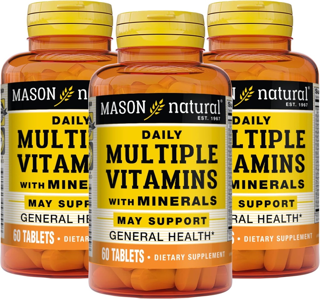 MASON NATURAL Codzienne Witaminy z Minerałami - 24 Witaminy i Minerały Esencjalne, Wszystkie w jednym Multivitamin, Wspiera ogólne zdrowie, 60 Tabletki (Opakowanie po 3)